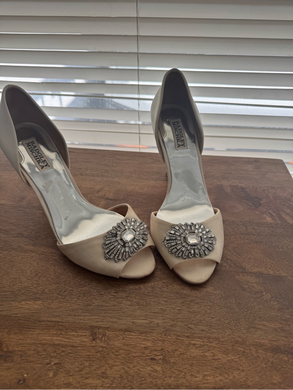 Badgley Mischka Satin Peep-Toe Heels in Light Beige with Crystal Brooch
